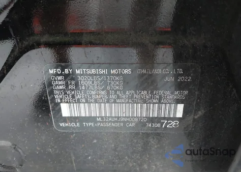 2022 Mitsubishi Mirage Le z USA, uszkodzony, nr VIN ML32AUHJ9NH008720